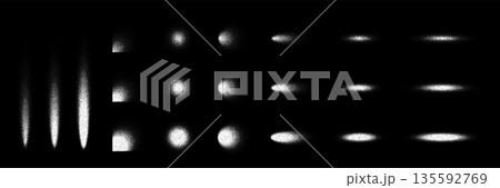Dot grain sprays. Aerosol flow with noise texture, color gradation and shadow effect. Various dotted sprayed flows. Abstract white vector illustration set isolated on black background Dot grain sprays. Aerosol flow with noise texture, color gradation and shadow effect. Various dotted sprayed flows. Abstract white vector illustration set isolated on black background 135592769