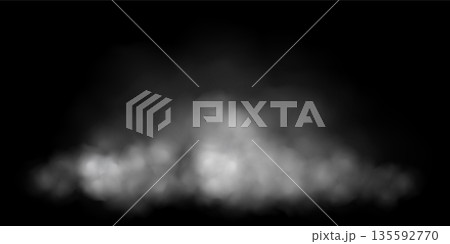 White fog or smoke cloud on black background. Realistic smoke effect vector illustration. Smoky mist, toxic vapor, meteorological phenomenon, condensation over land or water surface White fog or smoke cloud on black background. Realistic smoke effect vector illustration. Smoky mist, toxic vapor, meteorological phenomenon, condensation over land or water surface 135592770