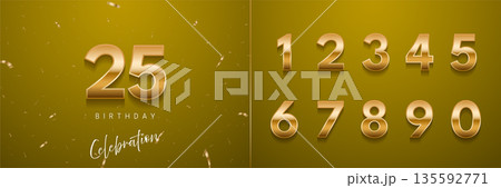Birthday anniversary golden numbers set template with number 25. Celebration birthday vector background. Gold numbers on yellow backdrop with confetti for party invitation, greeting card, poster Birthday anniversary golden numbers set template with number 25. Celebration birthday vector background. Gold numbers on yellow backdrop with confetti for party invitation, greeting card, poster 135592771