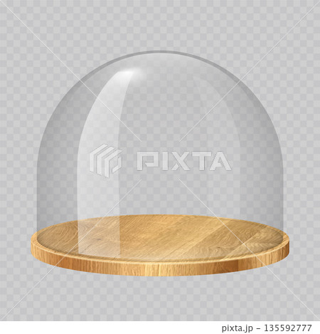 Glass dome with wooden tray. Transparent crystal bell, container, case, cover with round wood plate. Empty product display or showcase. Realistic vector illustration isolated on transparent background Glass dome with wooden tray. Transparent crystal bell, container, case, cover with round wood plate. Empty product display or showcase. Realistic vector illustration isolated on transparent background 135592777