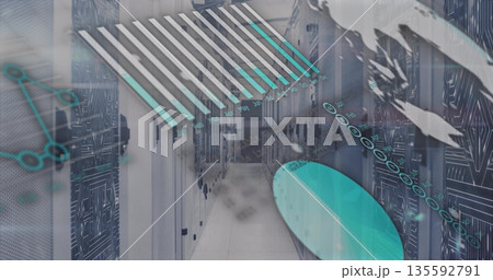 Lining server rack aisle in data center, showing overlays of network nodes, bar graphs, map, chart 135592791