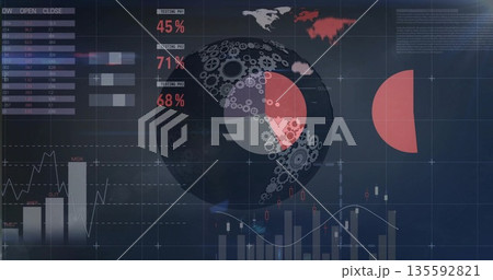 Displaying analytics dashboard on grid overlay with globe gears percentage overlays and world map 135592821