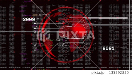 Globe glowing over schematic hex grid in security UI, scrolling code and glitch bars, year labels Globe glowing over schematic hex grid in security UI, scrolling code and glitch bars, year labels 135592830