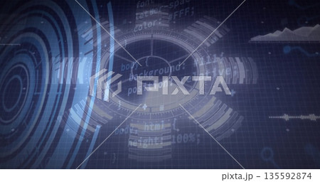 Displaying interface on blue grid, with circular HUD, concentric circles, code snippets, charts Displaying interface on blue grid, with circular HUD, concentric circles, code snippets, charts 135592874