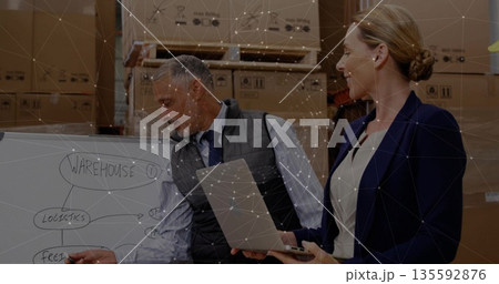 Colleagues pointing and reviewing logistics on whiteboard in warehouse, with laptop and box stacks Colleagues pointing and reviewing logistics on whiteboard in warehouse, with laptop and box stacks 135592876