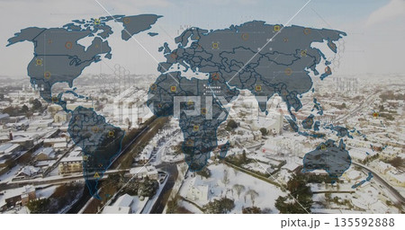 Showing stylized world map overlay over snowy suburban neighborhood, with data nodes, network lines Showing stylized world map overlay over snowy suburban neighborhood, with data nodes, network lines 135592888