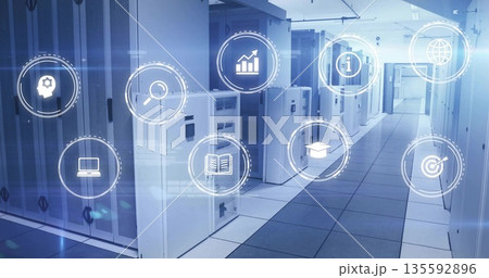 Displaying data center aisle featuring server racks with vents and cable trays, with floating icons Displaying data center aisle featuring server racks with vents and cable trays, with floating icons 135592896