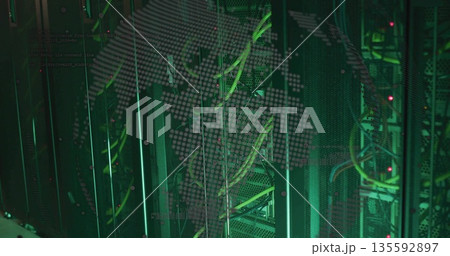Highlighting black server racks showing green fiber and ethernet cables in data center, map overlay Highlighting black server racks showing green fiber and ethernet cables in data center, map overlay 135592897