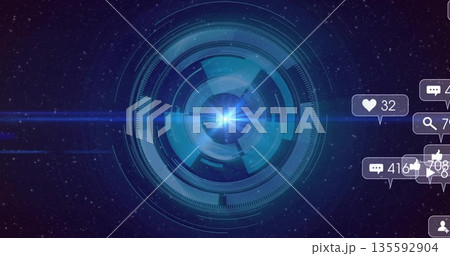 Displaying holographic circular interface in virtual starfield, with floating social media icons Displaying holographic circular interface in virtual starfield, with floating social media icons 135592904