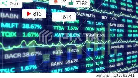 Displaying dashboard on screen, with tickers percentages, line graph and share or notification icons 135592941