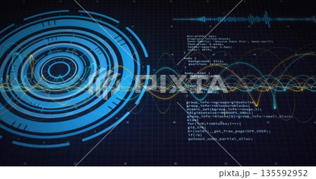 Displaying blue scanning graphic with multicolored waveforms and code text on interface, copy space 135592952