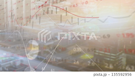 Displaying financial data overlay over apron with vehicles, candlestick bars and red trend lines Displaying financial data overlay over apron with vehicles, candlestick bars and red trend lines 135592956