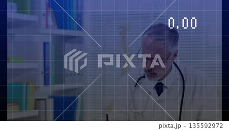 Writing male doctor recording patient notes at clinic desk, with pen stethoscope spine, copy space 135592972