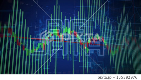 Showing financial chart on screen, with green bars, red pale graphs, navy grid, Chinese overlays Showing financial chart on screen, with green bars, red pale graphs, navy grid, Chinese overlays 135592976