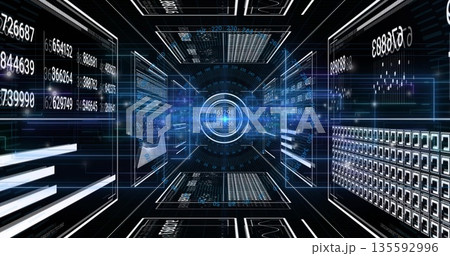 Displaying central circular interface rotating inside data tunnel, with holographic data panels Displaying central circular interface rotating inside data tunnel, with holographic data panels 135592996
