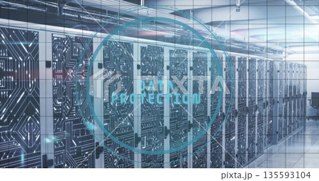 Server cabinets lining data center corridor under overhead cable trays with DATA PROTECTION overlay 135593104