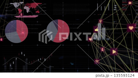 Displaying UI showing world map, pie charts, candlestick chart, bars and network nodes, copy space 135593124