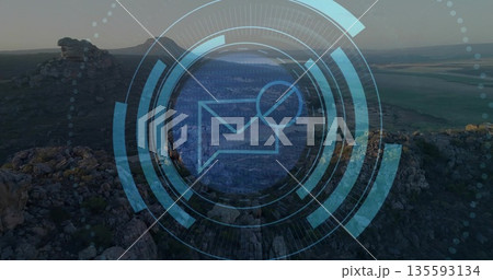 Floating digital overlay displaying mesa aerial view over highland, with HUD envelope icon and code 135593134