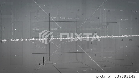Displaying horizontal dotted waveform line spanning grid plane, with numeric labels and particles 135593145