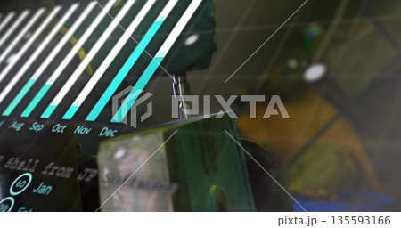 Guiding gloved hand steering drill bit into workpiece in workshop vise, with bar chart overlay 135593166