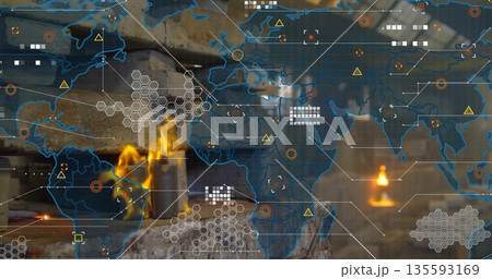 Blue world map overlay hovering above forge hearth in workshop, with hex grids and warning icons 135593169