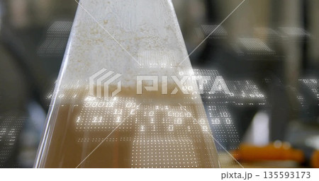 Displaying conical flask containing foam-topped brown liquid in brewery with binary code overlay Displaying conical flask containing foam-topped brown liquid in brewery with binary code overlay 135593173