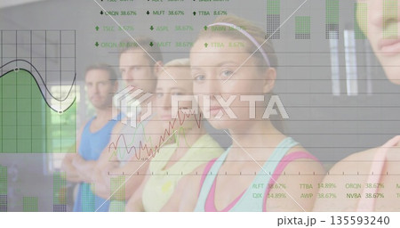 Posing five participants crossing arms and looking at camera in fitness studio with data overlay Posing five participants crossing arms and looking at camera in fitness studio with data overlay 135593240