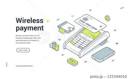Wireless Payment With Credit Card And POS Terminal Isometric Banner Vector Illustration 135594050