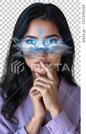 A thoughtful woman in lavender gray, her eyes reflecting storm clouds lit with electricity, symbolizing strategic foresight, emotional weathering 135594288