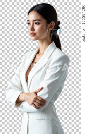 A sharp businesswoman in crisp white, surrounded by digital networks and global icons, symbolizing leadership that spans industries and reaches A sharp businesswoman in crisp white, surrounded by digital networks and global icons, symbolizing leadership that spans industries and reaches 135594290