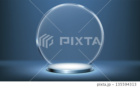 3D podium with round glass morphism decoration 135594313