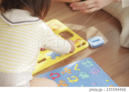 幼児向けのおもちゃで楽しく遊ぶ子供と母親 幼児向けのおもちゃで楽しく遊ぶ子供と母親 135594498