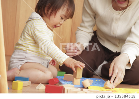 幼児向けのおもちゃで楽しく遊ぶ子供と母親 幼児向けのおもちゃで楽しく遊ぶ子供と母親 135594519