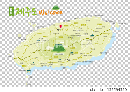 JEJU9. It is the latest tourist map of Jeju Island in Korea with major regional names on a white background. 135594530