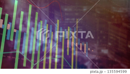 Displaying financial graphics over blurred skyscrapers, with vertical bar charts, line graphs, grid Displaying financial graphics over blurred skyscrapers, with vertical bar charts, line graphs, grid 135594599
