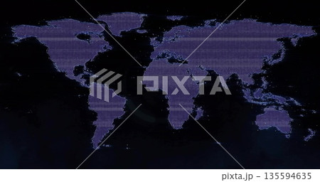 Displaying purple grid-patterned world map on control room display, with scan lines and pixel noise 135594635