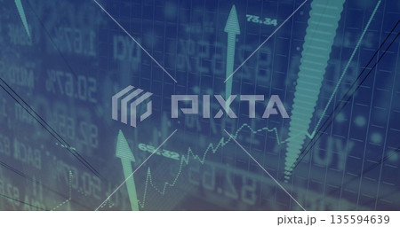 Showing chart at trading platform, with grid overlay, jagged graphs and up arrows, copy space 135594639