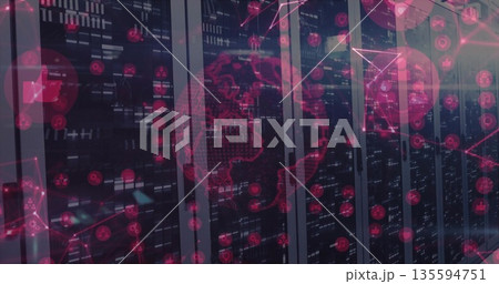 Lighting server racks in server room, showing blinking LEDs and red world map with network icons 135594751