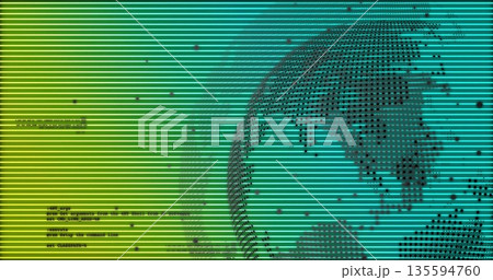 Showing dotted globe rotating on gradient scanlines with particles and code snippets, copy space Showing dotted globe rotating on gradient scanlines with particles and code snippets, copy space 135594760