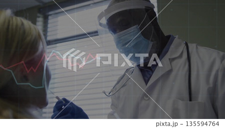 Performing throat swab doctor wearing gloves in clinic with line graph overlay, copy space 135594764