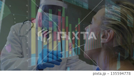Performing nasal swab testing doctor and seated patient in exam room, with digital chart overlays Performing nasal swab testing doctor and seated patient in exam room, with digital chart overlays 135594778