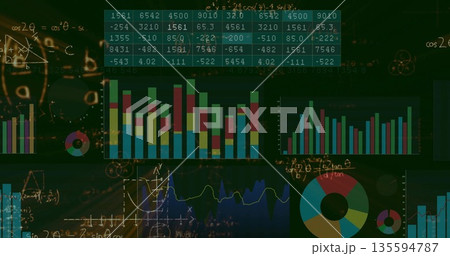 Displaying panels on green backdrop, showing bar charts, line graph, data table and math sketches Displaying panels on green backdrop, showing bar charts, line graph, data table and math sketches 135594787