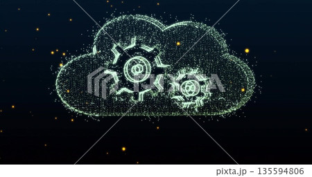 Rotating green digital cloud icon with gear cogs spinning in digital space, with glowing particles Rotating green digital cloud icon with gear cogs spinning in digital space, with glowing particles 135594806