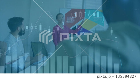 Presenting woman in purple blouse showcasing slide data in conference room, with flat-panel display Presenting woman in purple blouse showcasing slide data in conference room, with flat-panel display 135594827