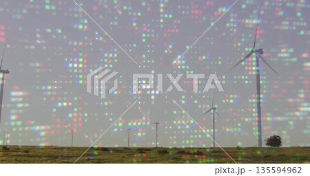 Featuring white wind turbine standing in prairie with shrubs on right, pixel overlay, copy space Featuring white wind turbine standing in prairie with shrubs on right, pixel overlay, copy space 135594962