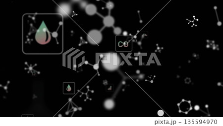 Displaying node cluster forming molecular network in diagram, with droplet icon and CO2 label Displaying node cluster forming molecular network in diagram, with droplet icon and CO2 label 135594970