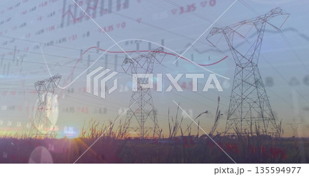 Displaying three transmission towers rising in grassland at sunset, with market analytics Displaying three transmission towers rising in grassland at sunset, with market analytics 135594977