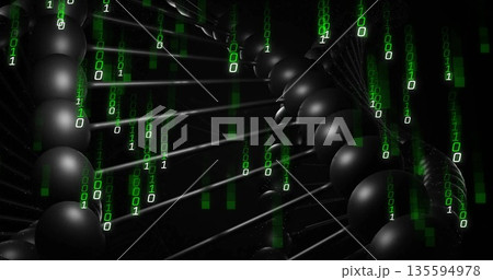 Stylized double helix floating in space with black spheres, rods, falling green binary digits 135594978