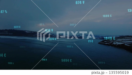 Displaying calm fjord waters reflecting snow-dusted hills at dawn, with floating cyan currency data Displaying calm fjord waters reflecting snow-dusted hills at dawn, with floating cyan currency data 135595019