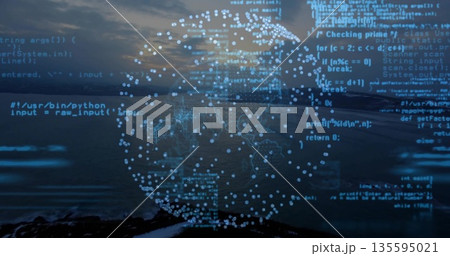 Displaying digital globe with lit node network over rocky shoreline at dusk featuring floating code 135595021